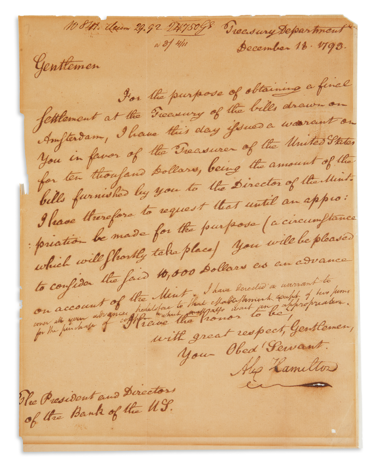 HAMILTON, ALEXANDER. Letter Signed, Alex Hamilton, as Secretary of the Treasury, to the President and Directors of the Bank of the U.